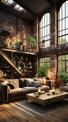 Living room interior in loft, industrial style, 3d render  
