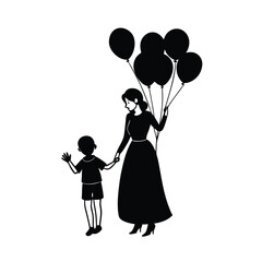  mother and child holding balloons.