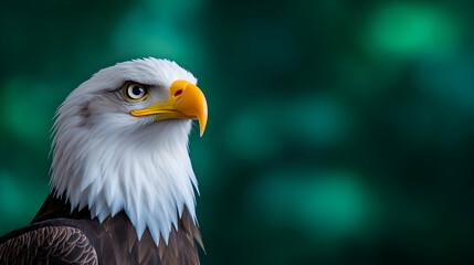 Obraz premium Majestic American bald eagle with flag background showcasing its powerful beak, sharp eyes, and impressive feathers as a symbol of wildlife and American strength
