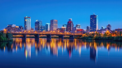 Obraz premium Cityscape at Dusk Reflecting in Calm Water