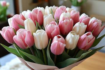 A beautiful bouquet of tulips in soft pastel shades, elegantly arranged in stylish wrapping, perfect for spring celebrations and festive moments