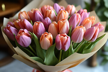 A beautiful bouquet of tulips in soft pastel shades, elegantly arranged in stylish wrapping, perfect for spring celebrations and festive moments