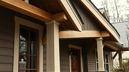 Close-up view of a house's exterior showcasing a porch with wooden beams, beige columns, and dark brown siding.  Windows with wood frames are partially visible.