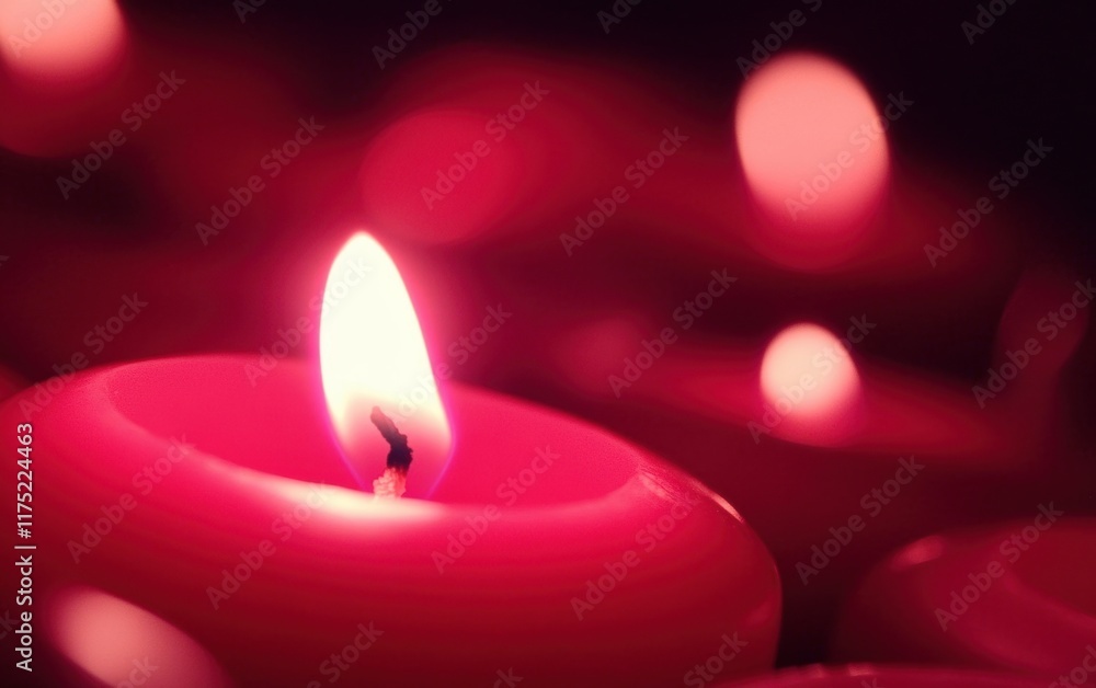 Poster a serene composition of glowing red candles illuminating a dark space, creating a calming and romant