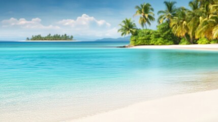 Fototapeta premium Scenic tropical beach with clear turquoise water and lush palm trees under a bright blue sky, perfect for relaxation.