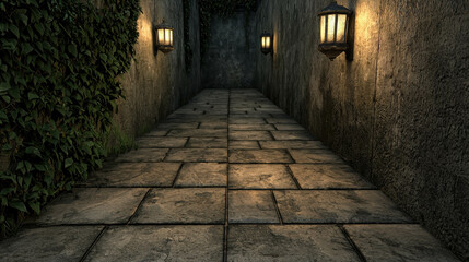 Worn Footpath in an Ancient City with Stone Paving and Lanterns at Dusk