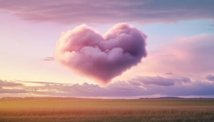 A heart-shaped cloud floating in a pastel sky over a peaceful landscape, evoking love and tranquility. Perfect for romance.