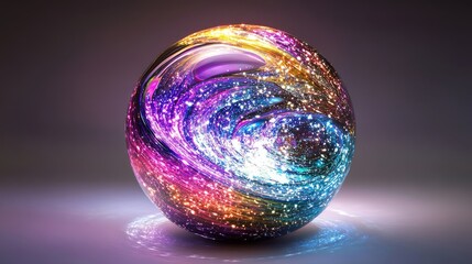 Fototapeta premium Celestial Glass Sphere: Radiant Galaxy Hues and Holographic Brilliance