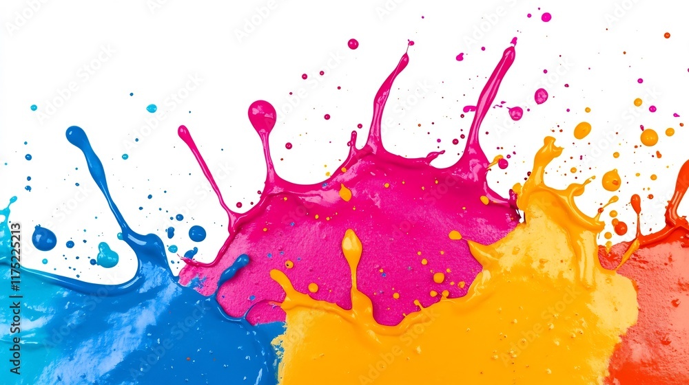 Poster vibrant multicolored paint splatters frozen in dynamic motion on white background
