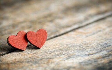 Obraz premium Two red hearts resting on rustic wooden surface, symbolizing love and affection in a natural setting. Perfect for romance.