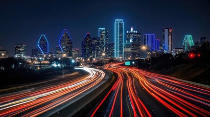 Fototapeta premium Dallas Skyline Night Traffic Light Trails
