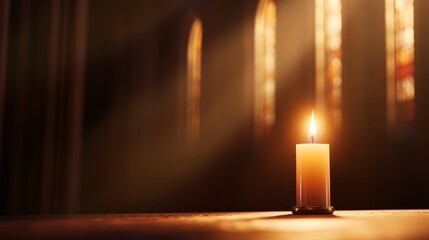 A lit candle on a table, illuminated by soft light filtering through stained glass windows.