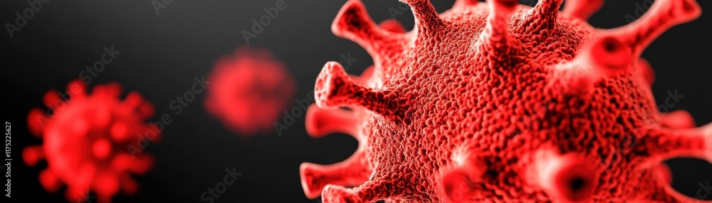 Poster close-up view of a virus structure, highlighting intricate detail and vibrant red color against a da