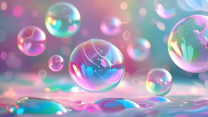 Dreamy Bubble Symphony: A mesmerizing array of iridescent soap bubbles floats against a backdrop of pastel hues, creating a whimsical and ethereal scene. The bubbles dance and shimmer.