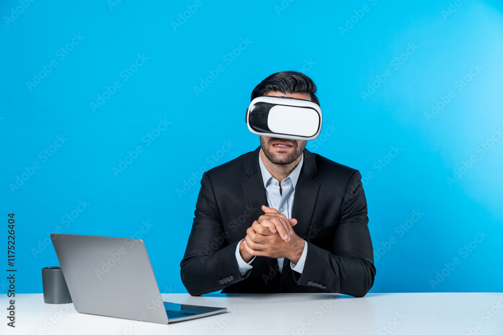 Poster business man sitting and opening laptop while wearing vr glass to enter metaverse. smart manager usi