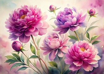 Fototapeta premium Silhouette of Watercolor Pink & Purple Peonies, Soft Brushstrokes, Floral Art