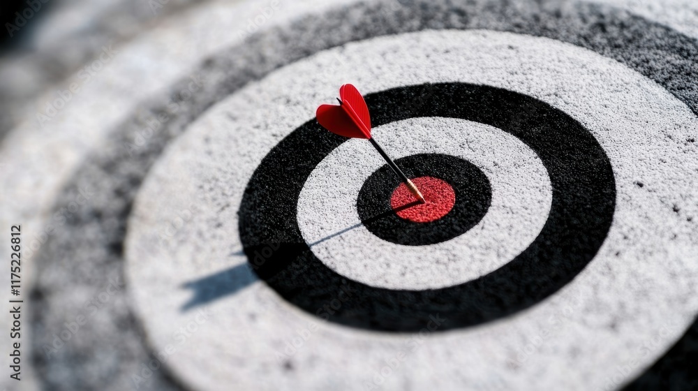 Poster a close-up of a dartboard showing a red heart-shaped dart hitting the bullseye, symbolizing success 