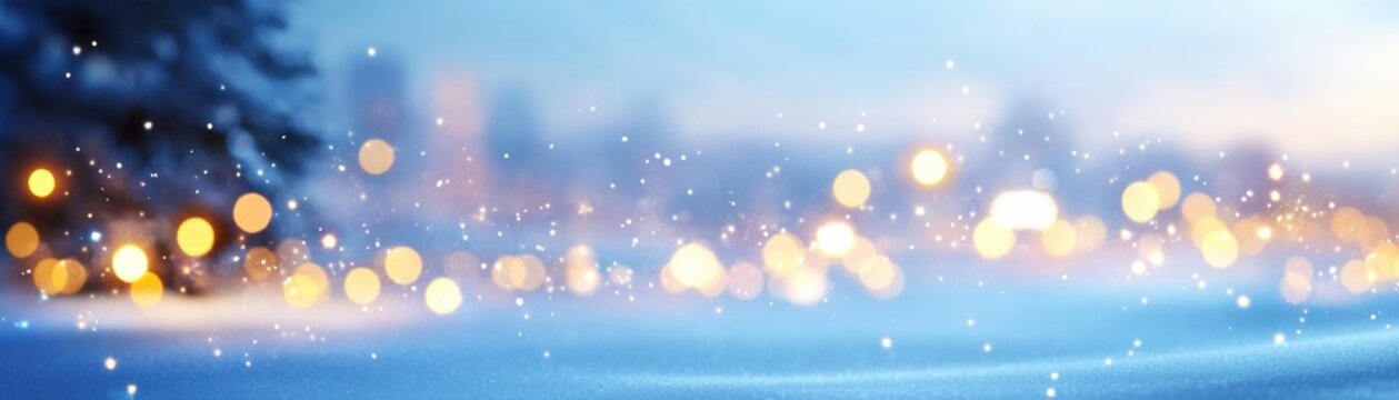 A serene winter landscape with soft snowfall and charming bokeh lights in a cool color palette.