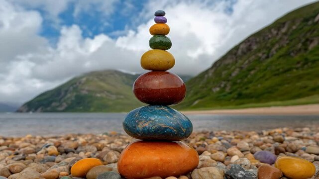 Colorful stone tower on rocky beach with mountains and cloudy sky.