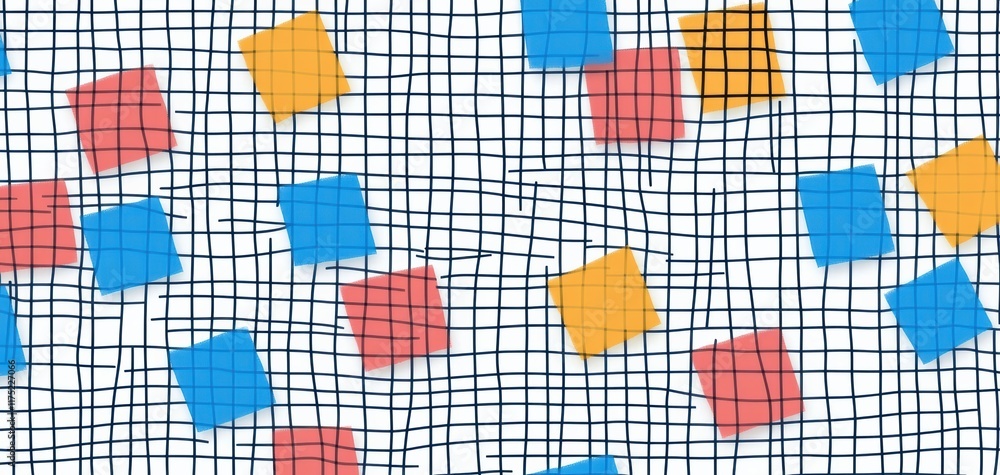 Poster colorful geometric shapes on a grid background, perfect for abstract designs and modern visual art p