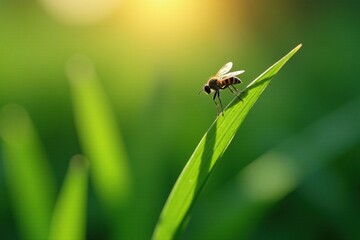 Small flying insect hovering above a single blade of grass, insects in the wild, blades of grass