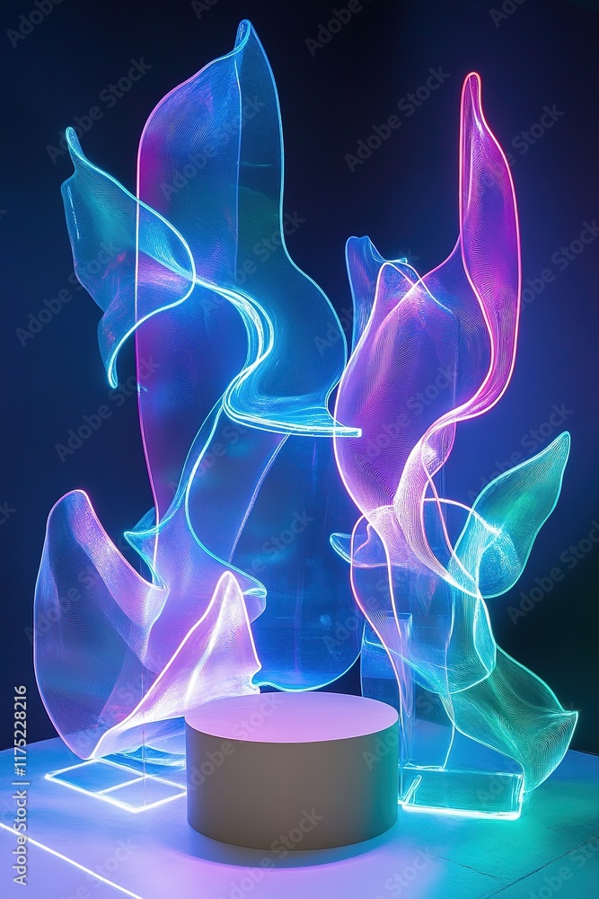 Poster translucent forms blend with vibrant hues, creating mesmerizing