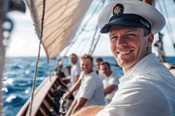 Smiling sailor on deck, surrounded by crew, capturing adventurou