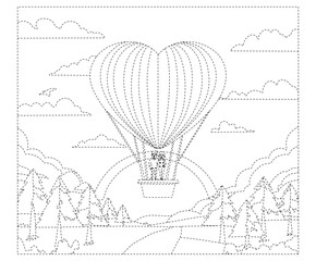 A hot air balloon ride with a couple holding hands in a heart-shaped balloon. Minimalist black linear sketch isolated on white background. Vector.