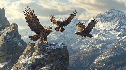 Fototapeta premium Majestic Eagles Soaring Above Snowy Mountains