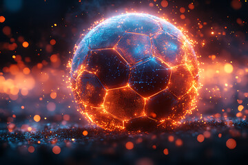 Glowing wireframe soccer ball with a classic hexagonal pattern, highlighted by vivid blue and black glowing data points, isolated on a transparent background, futuristic and tech-inspired design.




