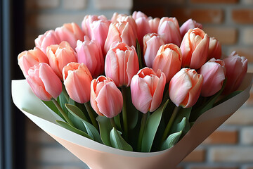 A beautiful bouquet of tulips in soft pastel shades, elegantly arranged in stylish wrapping, perfect for spring celebrations and festive moments