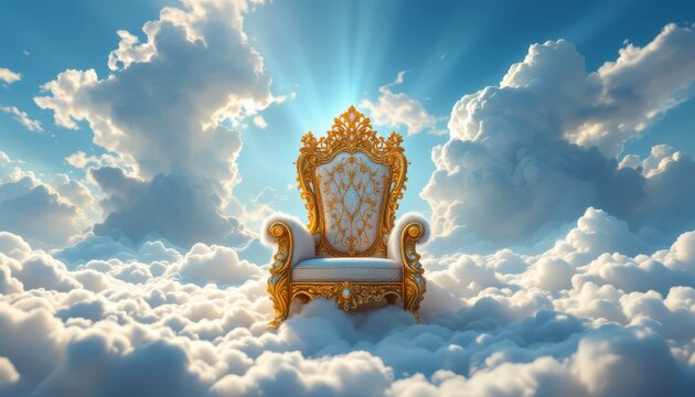 Regal throne amidst ethereal clouds bathed in celestial light a divine seat in the heavens