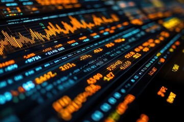 Fototapeta premium Vibrant financial data displayed on a digital screen during market analysis in a trading room