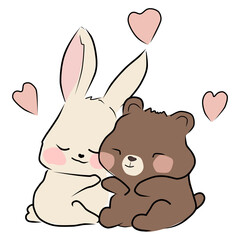 cute chibi bunny and bear cuddle and hugs. hand drawn cartoon animals  funny and sweet 