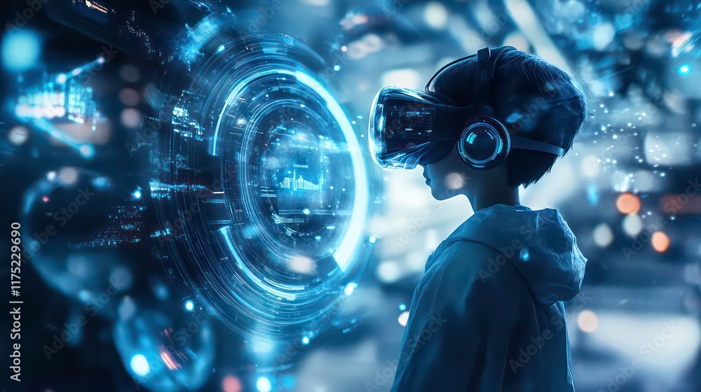 Poster a futuristic learner immersed in virtual reality, exploring a dynamic world of interconnected knowle