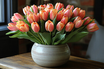 A beautiful bouquet of tulips in soft pastel shades, elegantly arranged in stylish wrapping, perfect for spring celebrations and festive moments