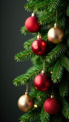 Spruce branch with red and gold Christmas balls, Ornamented garland, Red ornaments, Christmas decorations