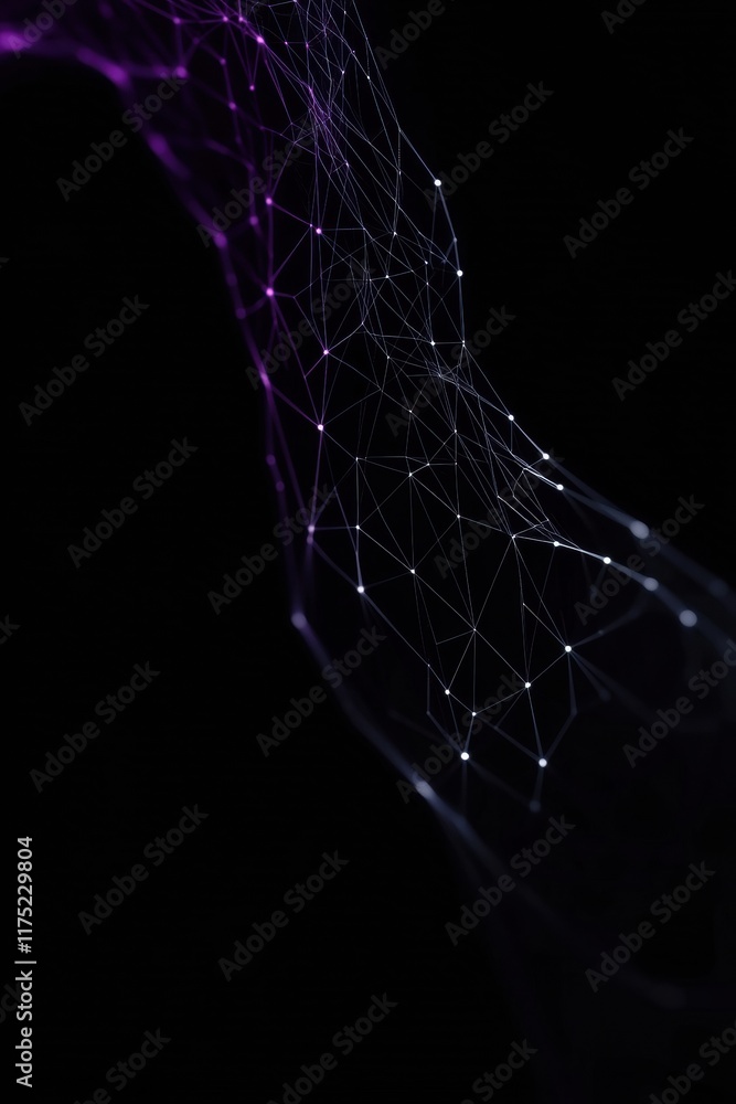 Poster abstract digital network with glowing nodes and lines in purple on a dark background, representing c