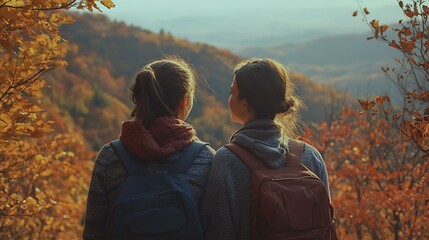 A lesbian couple enjoying a scenic hike together, stopping to admire the view