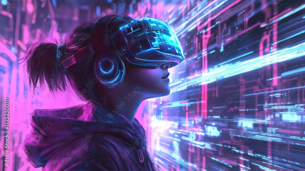Poster a futuristic learner immersed in virtual reality, exploring a dynamic world of interconnected knowle