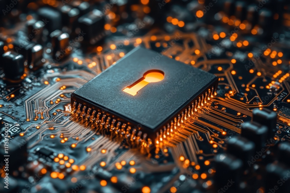 Aufkleber exploration of a computer chip with a glowing lock symbol indicating security technology advancement
