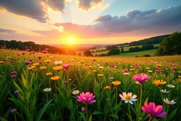 Fototapeta premium Sunset over a lush green meadow with wildflowers, pink, fields, meadows