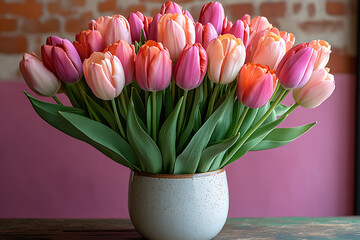 Obraz premium A beautiful bouquet of tulips in soft pastel shades, elegantly arranged in stylish wrapping, perfect for spring celebrations and festive moments
