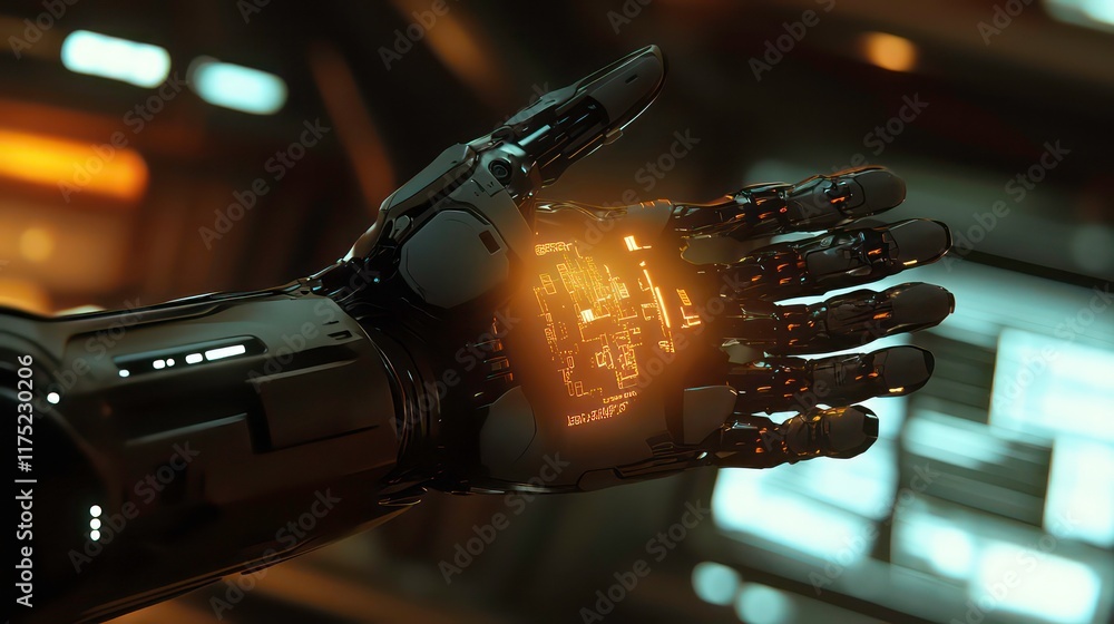 Poster close-up of a robotic hand with glowing internal components, futuristic setting.