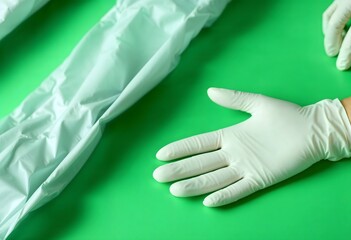 Fototapeta premium Close-up of white medical gloves and a crumpled light teal gown on a vibrant green background, emphasizing cleanliness and protection in healthcare settings. The image evokes a sense of preparedness