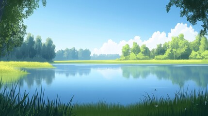 Obraz premium Serene Summer Lake Scene with Lush Green Foliage and Blue Sky