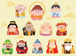 Tradition gods of the Chinese Collection. Buddha, Guanyin, God of longevity, Shouxing, Zhong Ku, Earth god, Tudigong, god of wealth. Maitreya Buddha, Taishang Laojun, The Mad Monk, Jigo. Vector
