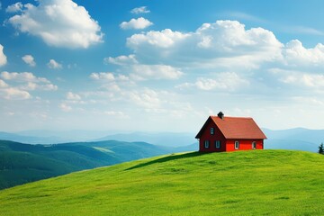 Obraz premium Bright red house on a hilltop surrounded by lush green fields and blue skies