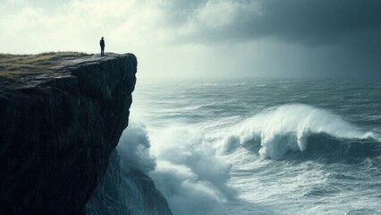 A lone figure stands on a massive cliff edge, overlooking a stormy ocean with towering waves, symbolizing human vulnerability and resilience against nature's immense power