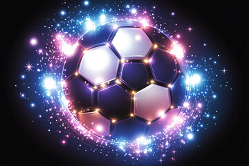 Glowing wireframe soccer ball with a classic hexagonal pattern, highlighted by vivid blue and black glowing data points, isolated on a transparent background, futuristic and tech-inspired design.





